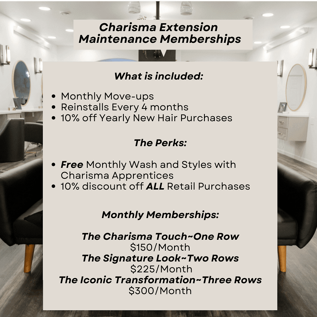 Charisma Extension Maintenance Memberships details with pricing and perks in a salon setting.